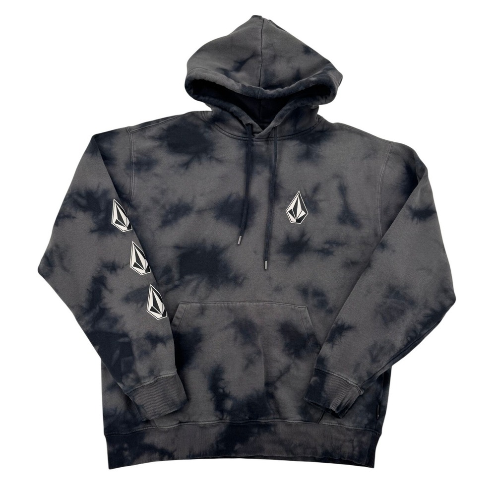 Volcom Hoodie Mens Large Black Grey Tie Dye Pullover Excellent Graphic Skater